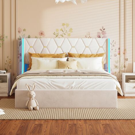 Lit coffre 140x190, LED et velours beige - Tête de lit losanges, rangement, sommier à lattes, scandinave - Beige
