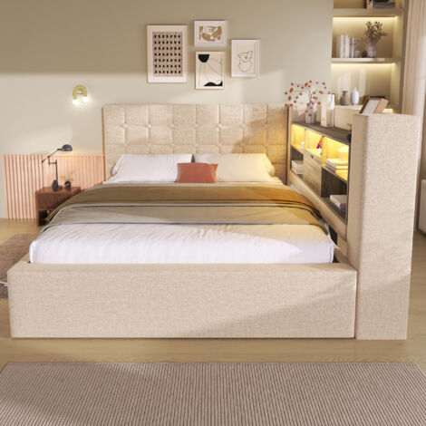Lit coffre 140x190 lin beige LED + USB/USB-C, tête L réversible, sommier inclus