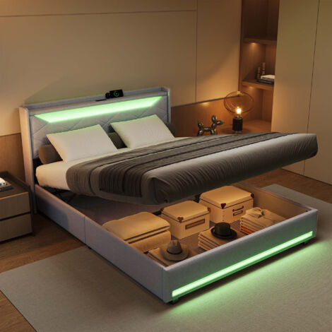 Lit coffre 140x190, lit 140x190 avec sommier, lit 2 places, lit adulte, ports USB et LED réglable, tissu en lin, gris