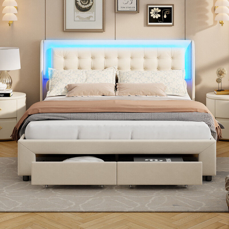 Lit tapissé en velours 160 x 200 cm avec LED réglable, grand lit de rangement, 2 tiroirs sur roulettes, lits adulte et ado, sans matelas, beige