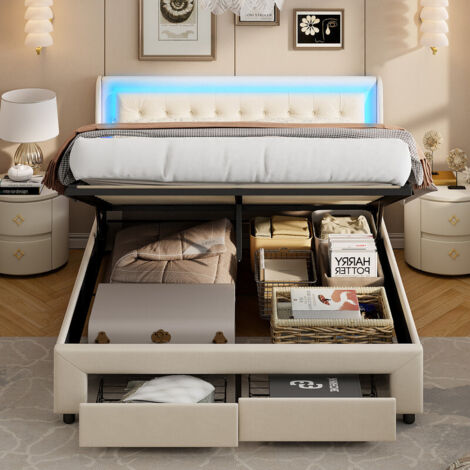Lit coffre 140x190, lit 140x190 avec sommier,lit adulte 180x200 avec 2 tiroirs, lit double capitonné, LED, velours, beige