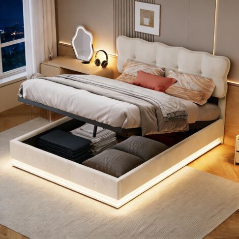 Lit coffre 140x190, lit 140x190, lit adulte, lit double, lit capitonné, avec LED, velours, beige