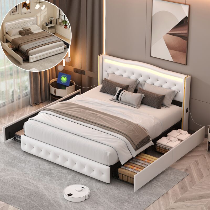 Lit 140x190 avec tiroirs, lit double adulte, tête de lit avec port USB et bande lumineuse LED réglable, style moderne, PU, ​​blanc