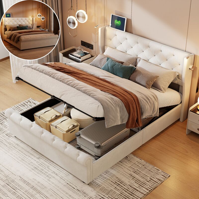 Lit coffre 140x190, lit adulte tapissé avec sommier à lattes, liseuse orientable avec usb, velours, beige
