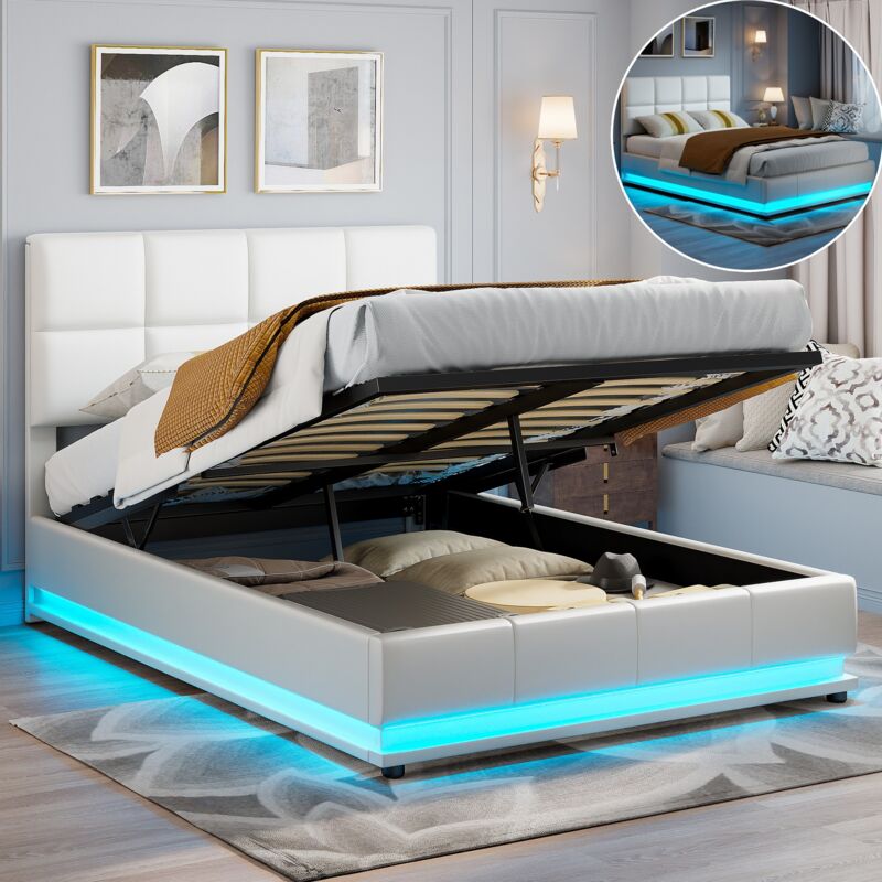 Lit coffre 140x190 avec sommier, lit adulte, lit double, avec bande lumineuse led réglable sous le lit, style moderne, pu, ​​blanc