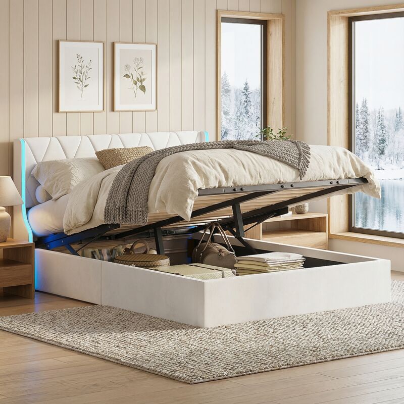 Lit coffre 140x200, lit double capitonné avec éclairage LED, lit avec rangement en velours, tête de lit design géométrique, lit adulte avec sommier,