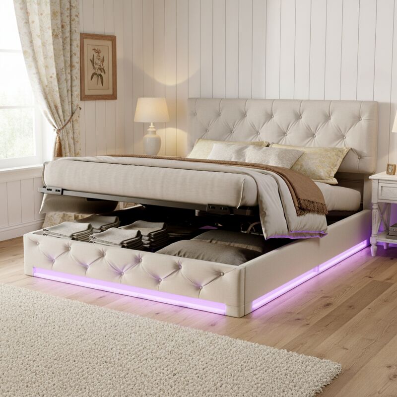 Lit coffre 140x190, lit double capitonné, sommier à lattes, avec éclairage LED, espace de rangement, Tissu lin, Scandinave - Blanc
