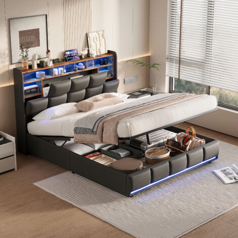 TANANT Lit coffre 140x190, lit double capitonné - sommier à lattes, LED ambiante et recharge USB - Relevage hydraulique, tête de lit avec étagère - Noir