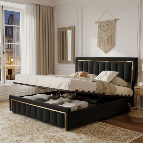 Lit coffre 140x190, lit double en flanelle - Tête de Lit Capitonnée Confortable, Espace de Stockage et Sommier à Lattes - Noir