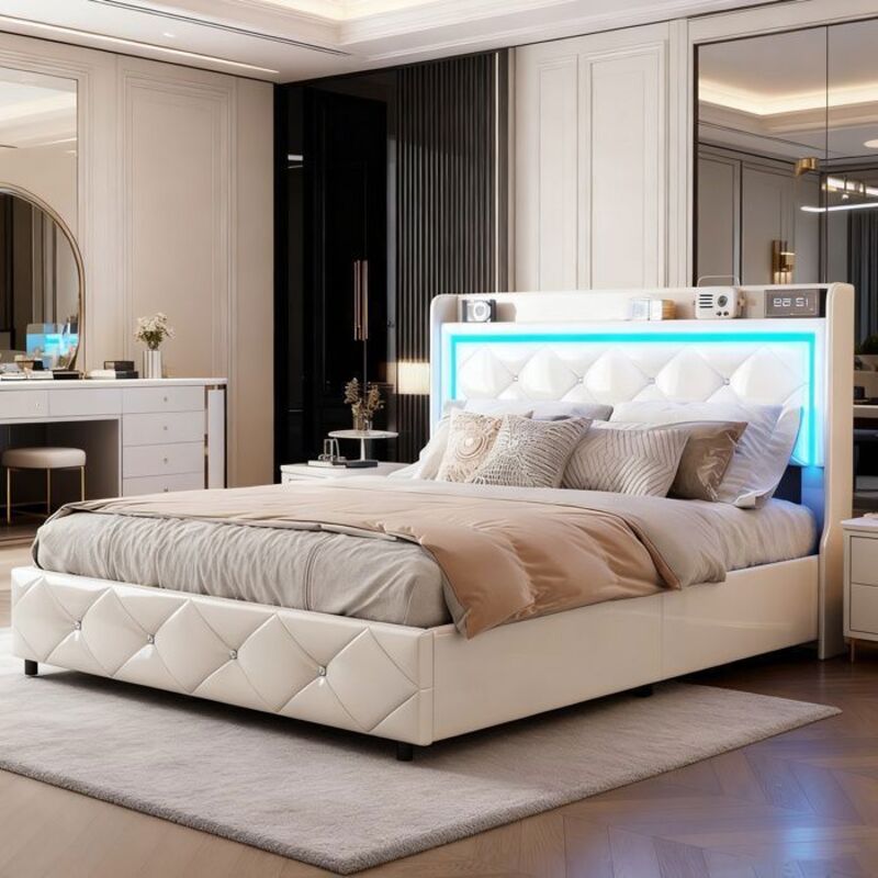 Lit coffre 140x190 POCKETPOP en PU blanc avec LED, ports USB/Type-C, sommier inclus - 2 places