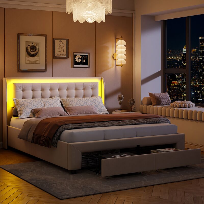 Lit Coffre 140x190cm avec LED, Lit Double avec Rangement, Cadre de lit avec Sommier à Lattes, Tête de Lit capitonné, Hydraulique, lit 2 Personnes