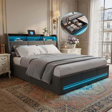Lit coffre 140x190CM avec Lumières LED et Charge USB Tpye C, Lit Adulte 2 Personnes avec Hydraulique, Rangement de chevet, Lin, Gris