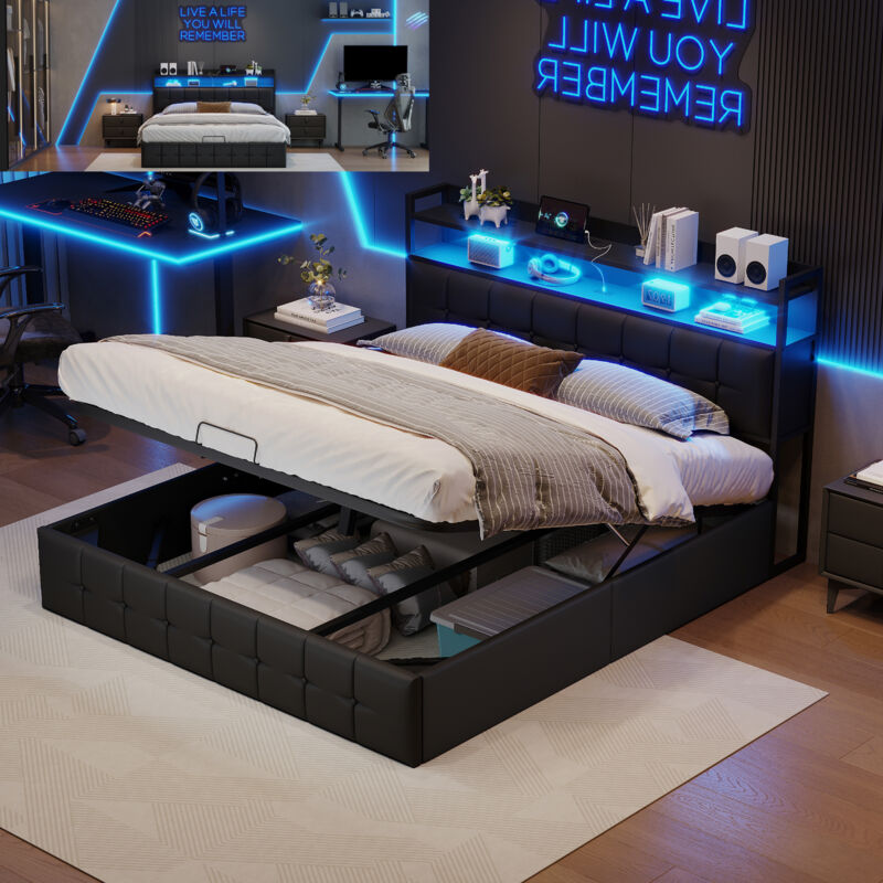 Lit coffre 140x190cm avec rangement, Lit 2 Personnes avec charge USB Type C et LED, Cadre de lit, Lit ado, Tête de Lit avec Étagères Ouvertes,