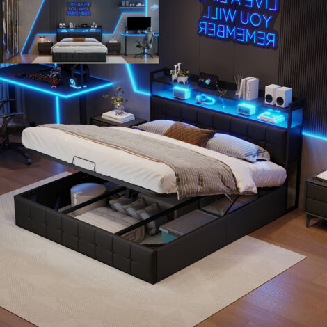 Lit coffre 140x190cm avec rangement, Lit 2 Personnes avec charge USB Type C et LED, Cadre de lit, Lit ado, Tête de Lit avec Étagères Ouvertes, Sommier à lattes, PU, Noir
