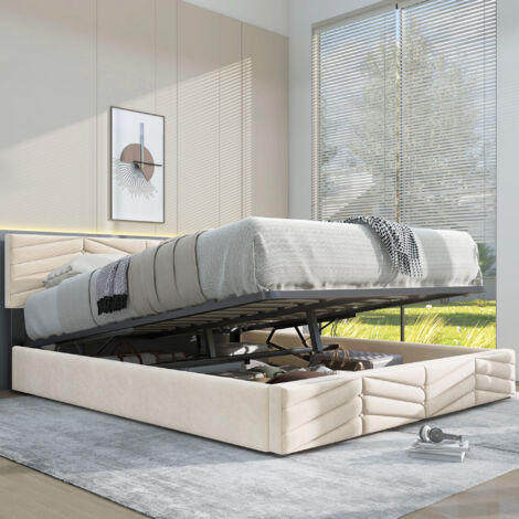 Lit coffre 140x190cm double rangement hydraulique velours tête de lit réglable beige (Sans matelas)