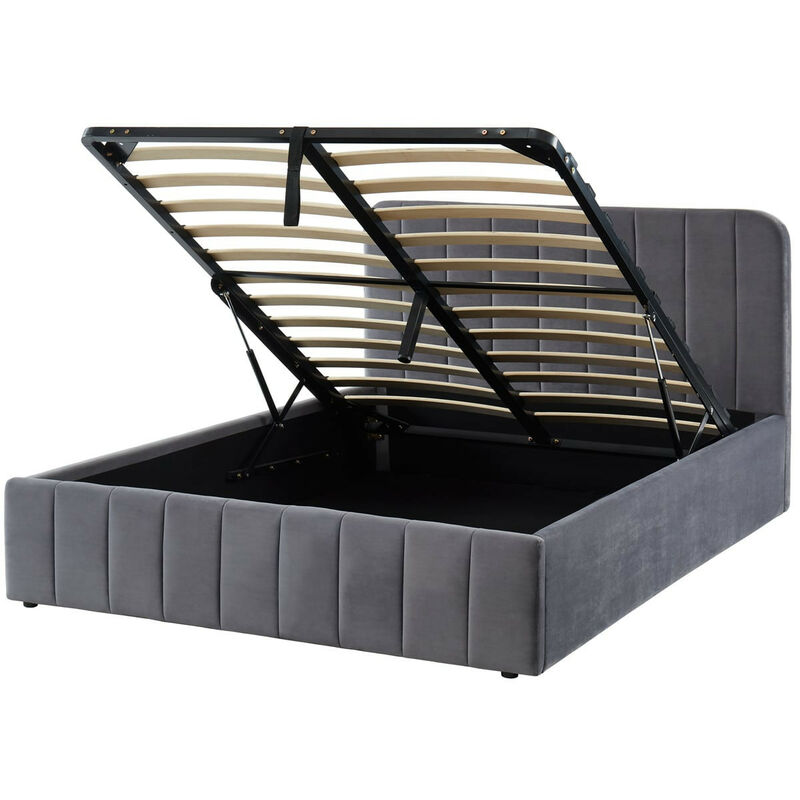 Lit coffre 140x190cm en velours gris anthracite avec tête de lit + sommier à lattes - Ava