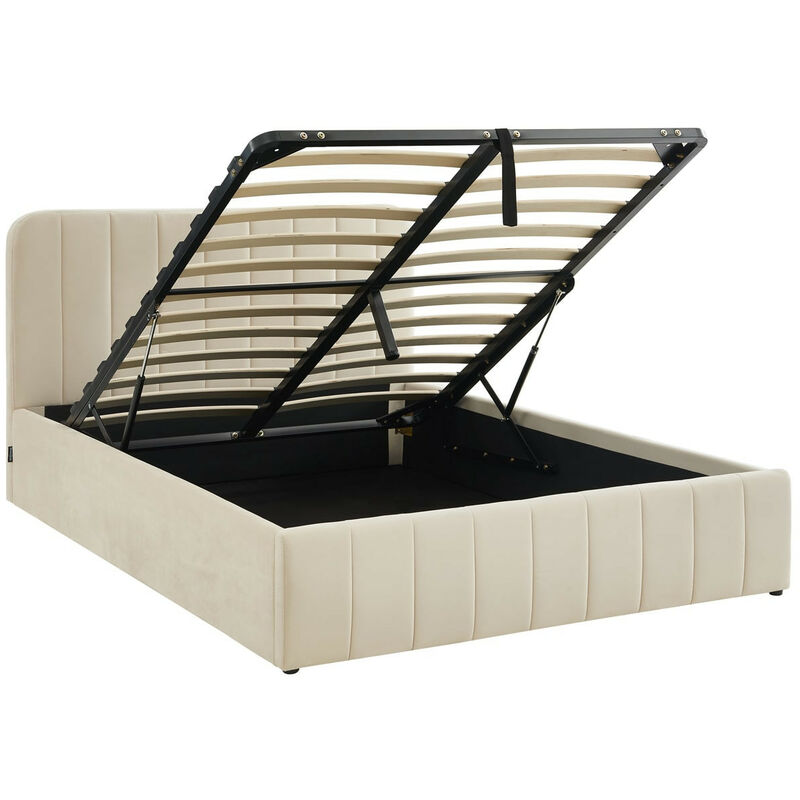 Lit coffre 140x190 cm en velours beige avec tête de lit + sommier relevable à lattes - Ava