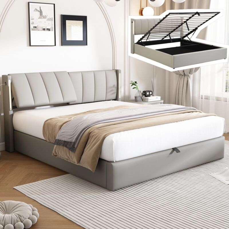 Lit coffre 140x190cm, lit capitonné avec sommier à lattes, avec port usb de recharge et éclairage led, rangement hydraulique, tête de lit réglable,