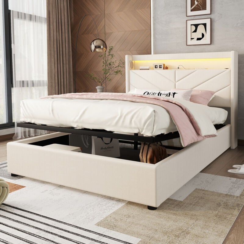 Lit coffre 140x190cm - lit double adulte avec sommier à lattes et tête de lit led avec port usb et chaîne stéréo - lin beige