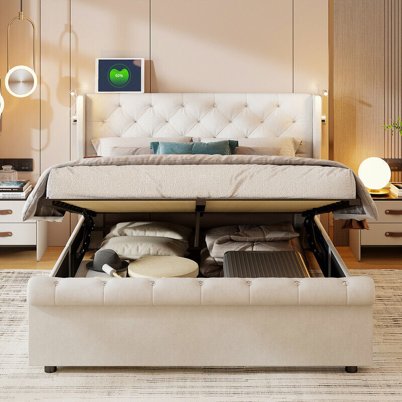 Lit coffre 140x190cm - lit double avec sommier à latte et tête de lit avec lampe de lecture et port usb - velours beige