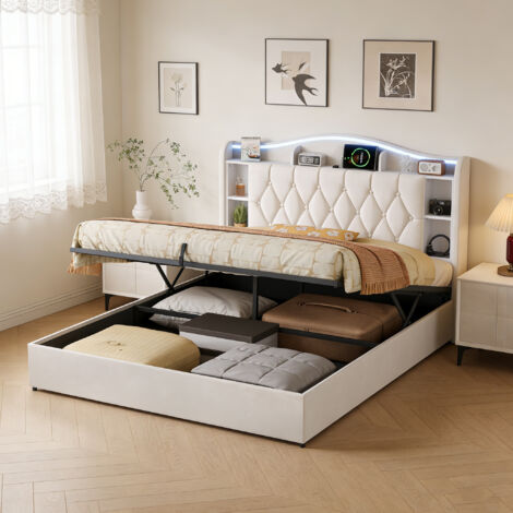 Lit Coffre 140x190cm,2 USB et Recharge Sans Fil ,Tête de Lit LED avec Rangement,Cadre de Lit Adulte Adolescent ,Sommier à Lattes,Velours,Beige