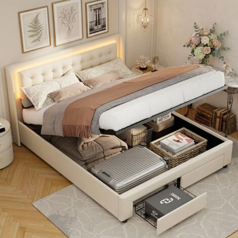 Lit coffre 140x190,lit 140x190 avec sommier à lattes,2 tiroirs,LED,lit double capitonné,lit adulte,tissu en velours,Beige