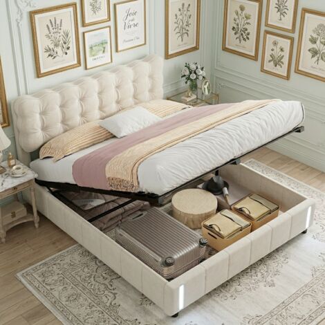 Lit coffre 140x190,lit 140x190 avec sommier à lattes,LED,lit double capitonné,lit adulte,tissu en velours,Beige