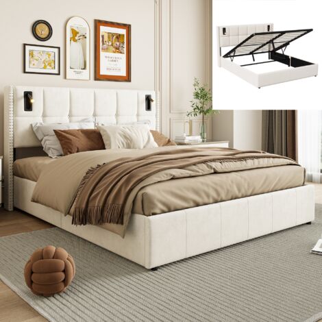 Lit coffre 140x190,lit 140x190 avec sommier à lattes,lit double capitonné,lit adulte,liseuse intégrée,tissu en velours,Beige
