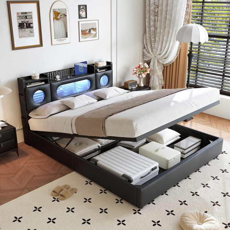 Lit coffre 140x190,lit double capitonné,lit adulte,avec sommier,LED réglable et chargement USB,tissu en PU,Noir