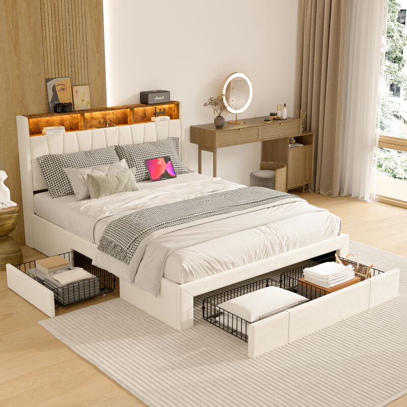 Sunfecili - lit coffre 160x200 avec 4 tiroirs,lit 160x200,lit adulte,Lit rembourré,Tête de lit avec rangement, lumières led réglables et chargement