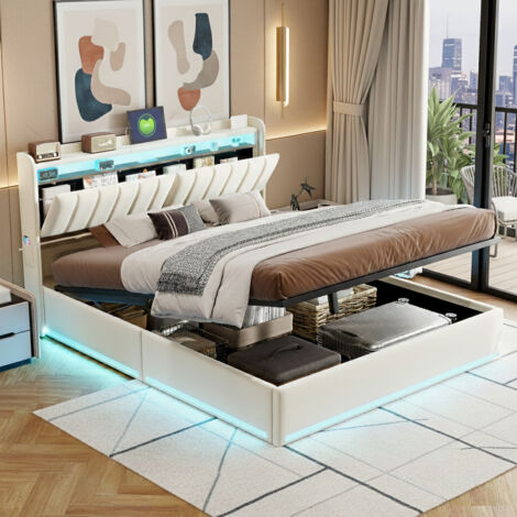 Lit coffre 140x200 avec LED et USB, lit double avec rangement et tete de lits, lit capitonné avec sommier à lattes lit 2 personnes cadre de lits, velours, beige