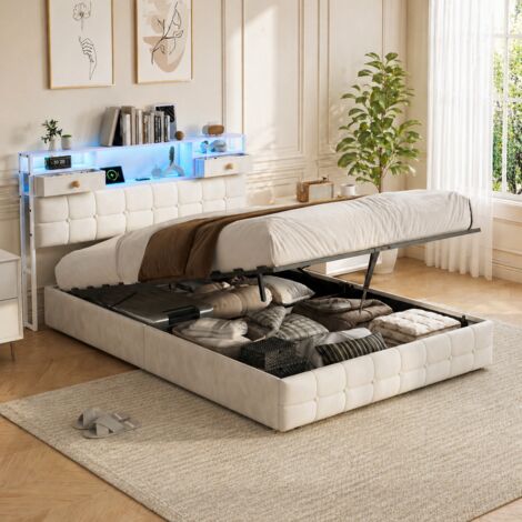 Lit Coffre 140x200 avec Lumières LED et Prise USB Tpye C, Cadre de Lit 140x200 avec Sommier et Rangement,lit 2 Personnes 140 x 200 avec Tete de Lits,Lits Rembourré en Lin pour Adulte, Velours, Beige, 