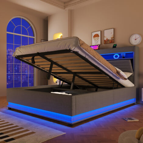 Lit coffre 140x200 avec rangement hydraulique & led, lit capitonné avec usb-c & app, design moderne en lin, sommier inclus, gain de place - gris
