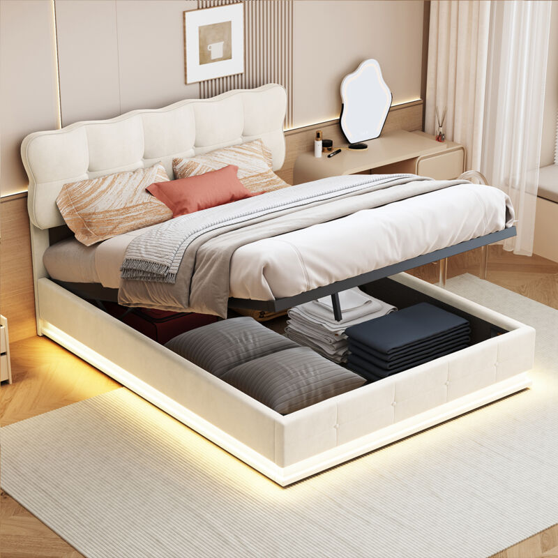 Sureh - Lit coffre 140x200 avec sommier à lattes, Lit coffre double capitonné, Lit double avec rangement, Lit adulte avec led réglable et dossier