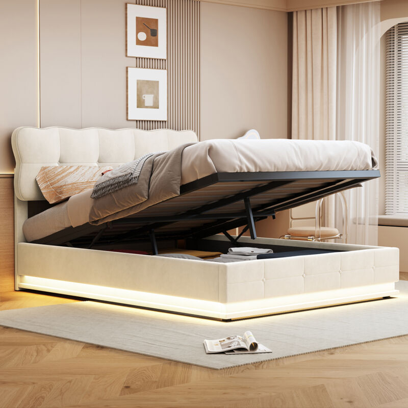 Sureh - Lit coffre 160x200 avec sommier à lattes, Lit coffre double capitonné, Lit double avec rangement, Lit adulte avec led réglable et dossier