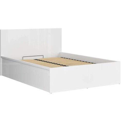 Lit coffre 140x200 avec sommier et rangement, coloris Blanc brillant - Longueur 204,5 x Profondeur 149 x Hauteur 95/40,5 cm