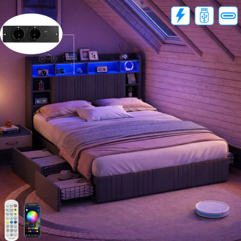 Lit coffre 140x200 avec sommier LED et USB Type-C, lit rembourré avec 4 tiroir, Tête de lit avec rangement, bibliothèque, lin, gris