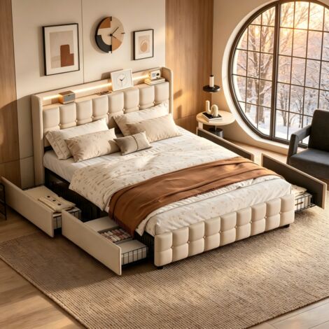 Lit coffre 140x200 avec Sommier LED  réglables et chargement USB, lit adulte, lits 2 Personnes ,lit avec 4 tiroirs, lit coffre en coton, lit rembourré, beige, lin