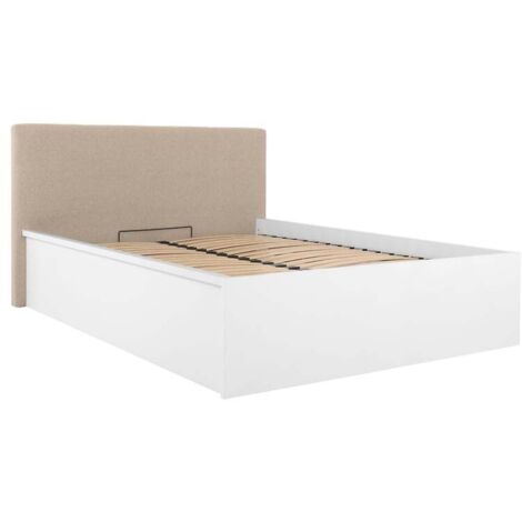 Lit coffre 140x200 avec tête de lit capitonnée ,coloris Blanc brillant/Textile beige - Longueur 209,5 x Profondeur 156 x Hauteur 95/40,5 cm