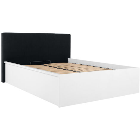 Lit coffre 140x200 avec tête de lit capitonnée ,coloris Blanc brillant/Textile Noir - Longueur 209,5 x Profondeur 156 x Hauteur 95/40,5 cm