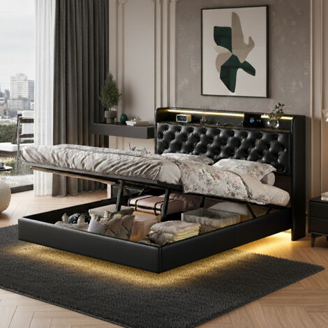 Lit coffre 140x200, cadre de lit double avec sommier, éclairage LED et USB, tête de lits avec étagères ouvertes, lit 2 personnes effet flottant, PU, noir