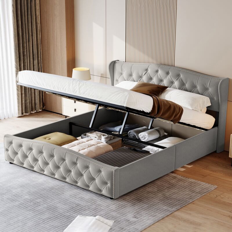 Lit coffre 140x200 cm, 2 places, avec espace de rangement, sommier à lattes en bois, cadre en métal, classique, lit adulte capitonné en Velours - Gris