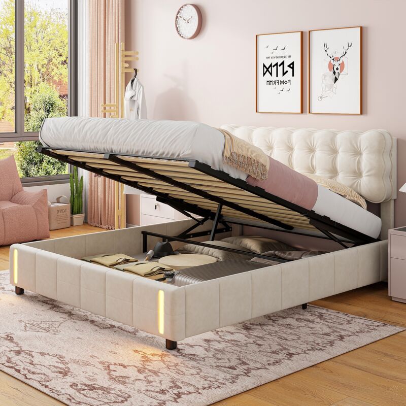 Dans Les Nuages - Lit coffre 140x190 cm, 2 places, avec led à induction, espace de rangement, sommier à lattes en bois, cadre en métal, lit capitonné