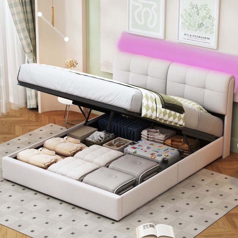 Lit coffre 160x200 cm, 2 places, avec têtes de lit led, usb, rangement, sommier à lattes en bois, cadre en métal, lit capitonné en velours - Beige