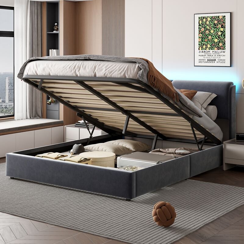 Lit coffre 160x200 cm, 2 places, avec têtes de lit led, usb, rangement, sommier à lattes en bois, cadre en métal, lit capitonné en velours - Gris