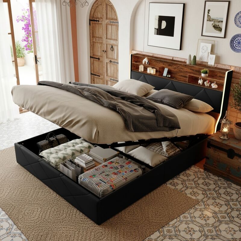 Lit coffre 160x200 cm, 2 places, en cuir PU et bois clair, lit capitonné avec tête de lit de rangement, LED et portes USB, sommier à lattes, cadre en