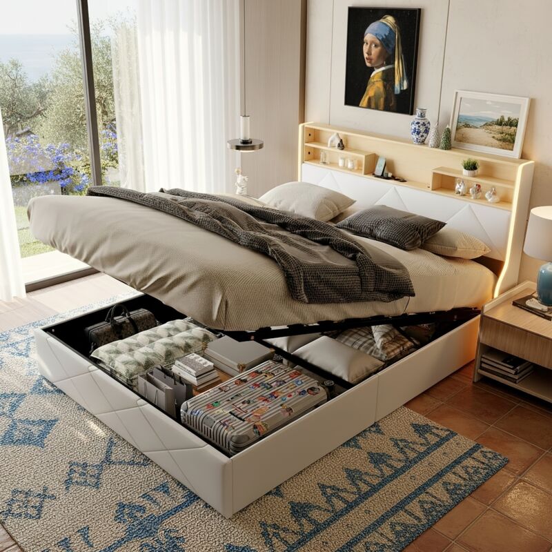 Lit coffre 160x200 cm, 2 places, en cuir PU et bois clair, lit capitonné avec tête de lit de rangement, LED et portes USB, sommier à lattes, cadre en