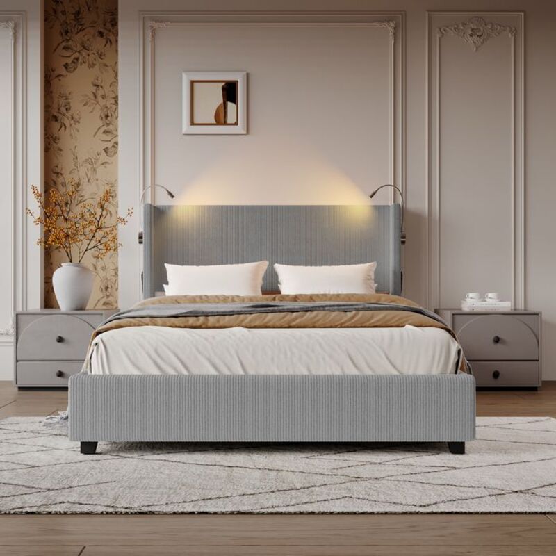 ADWOLT Lit coffre 140x200 cm velours côtelé gris - rangement hydraulique, LED & ports USB