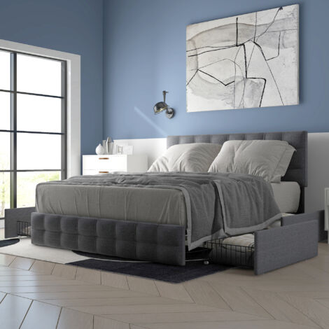 Lit coffre 140x200 cm avec 4 tiroirs, sommier lattes acier, tête de lit réglable, lin gris(Sans matelas)