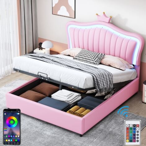 Lit coffre 140x200 cm avec éclairage LED, APP, tête de lit en forme de couronne, sommier à lattes en bois, lit capitonné en similicuir - Rose